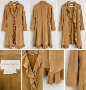 Margaret Godfrey Suede camel ruffle coat, size 12